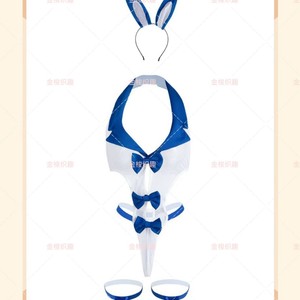 <b>Sexy</b> Bunny Girl Uniform <b>Set</b> Blue White Color Blocked One Piece Bodysuit Women Nightclub Party Outfit - Product Image 3
