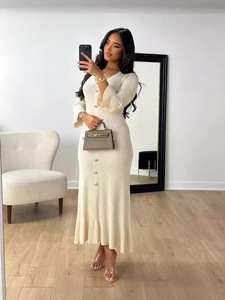 Bouton revers coupe ajustée tricoté femmes à manches longues col rabattu pull robe bouton côtes mince Ribeed élégant Maxi robe 2854 - Product Image 2