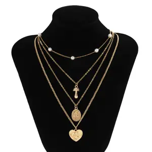 gold plated custom engraved flower angel heart multi layer necklace jewelry mushroom pearl necklace for women valentine