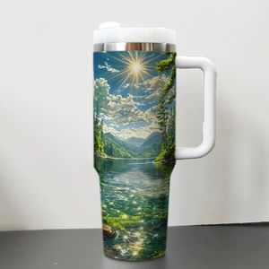 Gobelets isothermes en acier inoxydable de 40 oz, à double paroi, anti-fuite, écologiques, avec couvercle et paille, motif Montagne Rivière Lac, pour voiture - Product Image 3