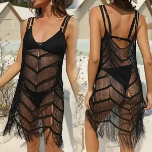 ग्रीष्मकालीन महिला बुना हुआ बिकनी समुद्र तट खोखले बिकनी Tassels यार्न Crochet कवर अप पर्ची पोशाक काले