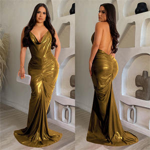 Lujoso dorado Halter sin mangas sin espalda vestidos de graduación vestidos de noche Sexy plisado largo fecha vestidos de noche mujeres - Product Image 6