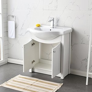 ตู้ห้องน้ำแบบตั้งพื้นสีขาวพร้อมอ่างเซรามิกในตัว ตู้เก็บของสองบาน - Product Image 3