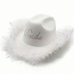 Chapeaux Fedora en feutre poly-coton en gros, en stock, blancs, pour mariage, fête, bordure en plumes brillantes, style pêcheur - Product Image 2