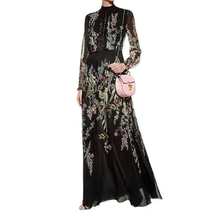 Hepburn style dresses women High-end luxury black floral print flowing skirt premium high waist ankle elegant fairy Maxi dress