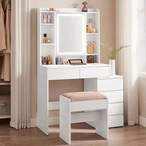 Bàn trang điểm hiện đại màu trắng 6 ngăn kéo, có gương đèn LED và ghế đẩu, xuất xưởng trực tiếp - Product Image 2