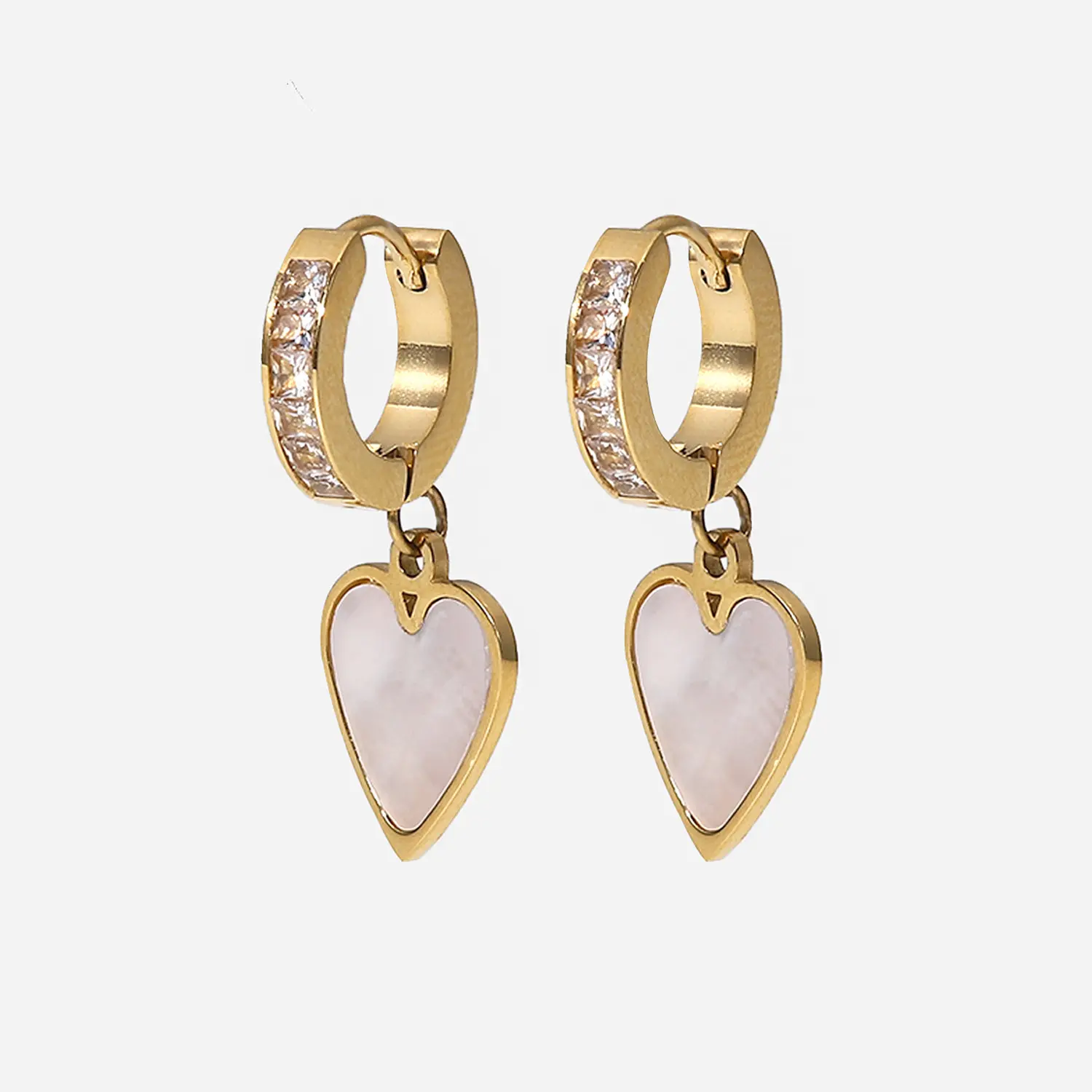 Heart Shaped Earrings Mother of Pearl Shell Heart Drop Earrings Cubic Zirconia Drop Earrings Stainless Steel Waterproof Jewelry