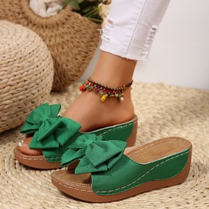Plus Size Summer Wedge <b>Slippers</b> for Outdoor Wear Fashionable Bow Thick Sole One-strap PU Upper New Fish Mouth Sandals Women sand - Product Image 3