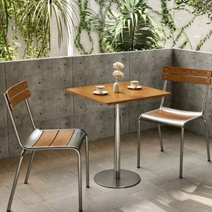 Mesa Redonda con Tapa de Madera y Base de Metal, Sillas Apilables con Estructura Metálica y Listones de Madera para Cafetería, <span class=keywords><strong>Bistro</strong></span>, Terraza de Restaurante - Product Image 2