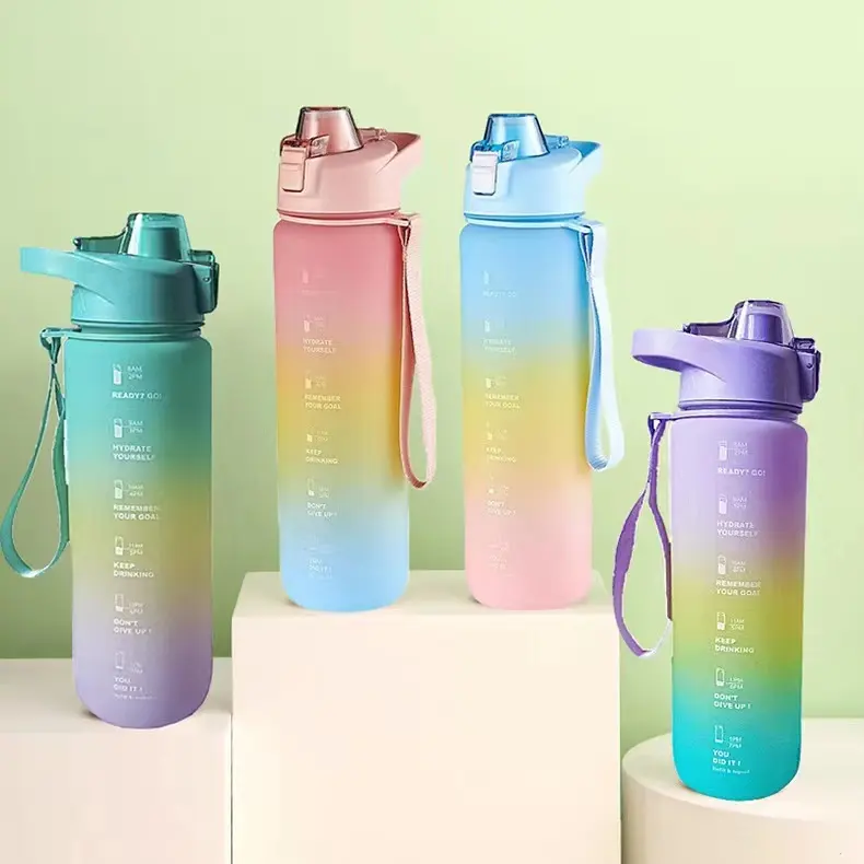 Botol air motivasi plastik besar, anti bocor, BPA Free 1L, termos air olahraga luar ruangan kebugaran dengan penanda waktu