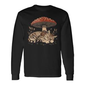 T-shirt a maniche lunghe con simpatico gatto tabby e fungo, design estetico Cottagecore con gatto grigio - Product Image 1