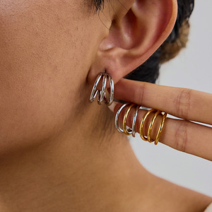 <b>Huggie</b> Earrings Geometric Design Gold And <b>Silver</b> Color Stainless Steel Stud Earrings For Women Fashion Jewelry Gift - Product Image 3