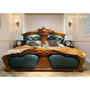 Luxury classical Southeast Asia Style design leather bed ebony bedroom furniture antique king bedroom set