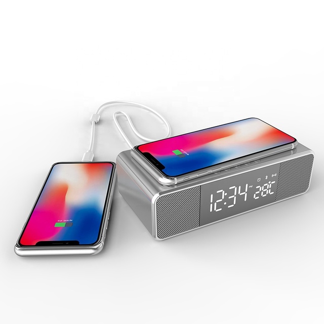 BT Speaker Music Alarm Clock Mobile Phone 5W Wireless Charger Clock Mirror With Night Light Digital Thermometer Desk Clock