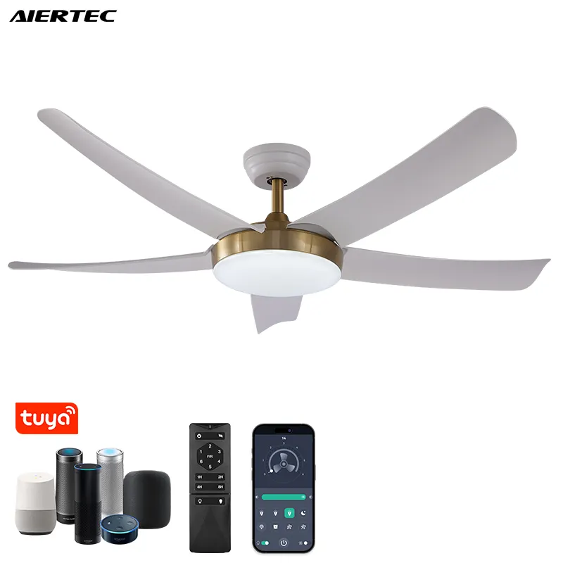 Modern 52 Inch Metal 5 Abs Blades All Copper Motor Copper White Remote Control Led Ceiling Fans With Light And Remote Control