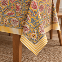 Nappe rectangulaire 100 % coton imprimée au bloc, motif floral botanique jaune, pour table à manger