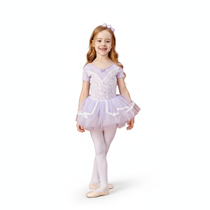 Vestido de Ballet de Encaje Lavanda para Niñas, Disfraz de Danza de Manga Corta con Falda de Tul y Lazo, Tallas 2-12 para Práctica de Danza - Product Image 2