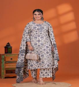 Women's Cotton Floral Printed 3 Piece <b>Kurti</b> and Pant Set's With Dupatta For Wedding And Casual Wear Kurta Set At Wholesale Price - Product Image 3
