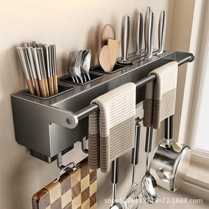Soporte de pared de acero inoxidable para cuchillos y palillos, estante de almacenamiento rectangular con ganchos para la organización de la cocina - Product Image 4