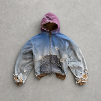 Veste à capuche zippée pour homme, sur mesure, en toile, dégradé ombré bleu, effet teinture par immersion, déchirée, effilochée, bords bruts, coupe oversize
