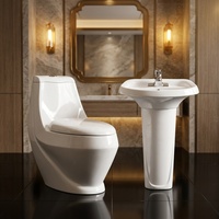Inodoro de Lujo Moderno de Una Pieza con Doble Descarga y Lavabo con Pedestal, Drenaje S/P-Trap, Cerámica Blanca para Baño