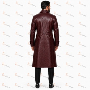 <b>Men's</b> Genuine Leather Long Trench Coat <b>Double</b> <b>Breasted</b> Notched Lapel Embossed Finish With Button Closure - Product Image 4