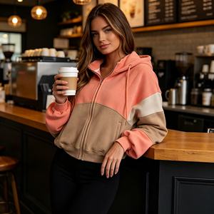 <span class=keywords><strong>Sweat</strong></span> à capuche <span class=keywords><strong>zippé</strong></span> court surdimensionné pour <span class=keywords><strong>femme</strong></span>, style color block, patchwork multi-tonalités, Y2K Hip Hop Streetwear - Product Image 3