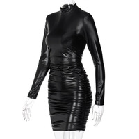Langarm Plissee Mini kleid Leder Enge Sexy Club Wear Damen Herbst Streetwear