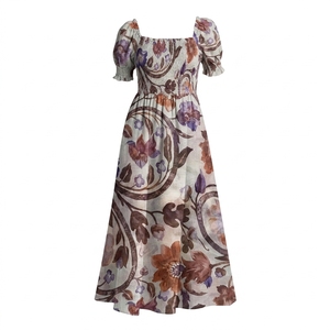 <span class=keywords><strong>Robe</strong></span> midi personnalisée pour <span class=keywords><strong>femme</strong></span>, rose poudré, à motifs floraux, col carré, manches courtes bouffantes à volants, corsage smocké et froncé, fabrication OEM - Product Image 2