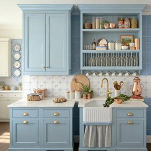 Muebles de Cocina Personalizados, Armarios de Cocina de Madera Maciza Azul Claro, Diseños de Lujo con Accesorios Dorados - Product Image 6