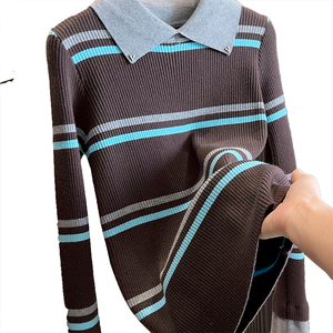 Suéter de Punto de Manga Larga con Cuello Redondo y Bloques de Color a Rayas para Mujer, Otoño Invierno, Nuevo, Ajustado, Versátil, Capa Base de Moda - Product Image 5
