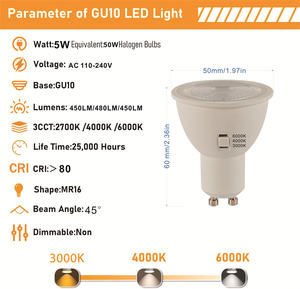 Ampoules LED GU10 5W 500LM 3CCT 3000K 4000K 6000K <span class=keywords><strong>Ampoule</strong></span> LED MR16 Spot 6 pièces <span class=keywords><strong>pour</strong></span> éclairage encastré, <span class=keywords><strong>hotte</strong></span> <span class=keywords><strong>de</strong></span> <span class=keywords><strong>cuisine</strong></span> - Product Image 6