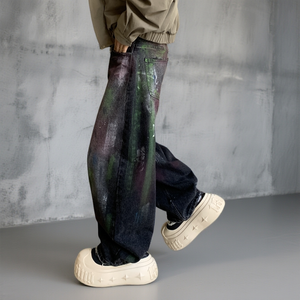 Jeans baggy à jambes larges pour homme, personnalisés OEM, denim noir délavé, effet éclaboussures de peinture, style streetwear, pantalon de skater - Product Image 4