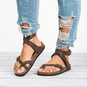 Sandalias Planas Negras con Tiras Cruzadas y Punta Descubierta para <span class=keywords><strong>Mujer</strong></span>, Modelo 2024, con Detalles y Plantilla <span class=keywords><strong>de</strong></span> Corcho Cómoda - Product Image 1