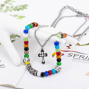 yunnique European American Retro Punk Colorful Glass Bead Cross Double Layer Necklace Unisex <b>Titanium</b> Steel <b>Chain</b> Love Pendant - Product Image 4