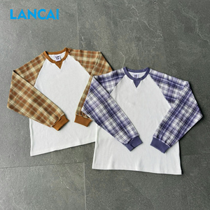 เสื้อยืดแขนยาวลายสก็อตสีสันตัดกันสำหรับผู้ชาย Lancai OEM Streetwear Thermals ผลิตจากผ้าวาฟเฟิลถักแบบหนาพิเศษ - Product Image 1