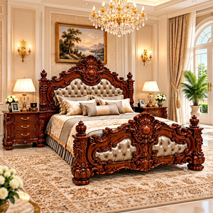 Cama de Madera de Teca Sólida Hecha a Mano Maharaja Palace, Cama Victoriana de Caoba Maciza Tallada a Mano, Tamaño King, Tapicería Acolchada, USA - Product Image 1