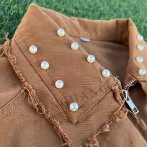 Wholesale Custom Embroidery Printing Logo Vintage Mens Crop Top Boxy Fit Pearl Rivets <strong>Zip</strong> <strong>up</strong> Shirt <strong>Zip</strong> <strong>up</strong> <strong>Polo</strong> Shirt - Product Image 5