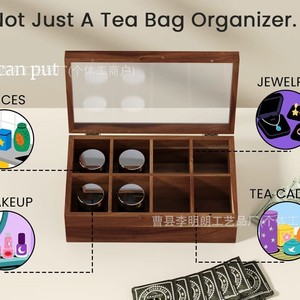 Wooden Storage <b>Box</b> With Compartments And Lid For Tea Bags Jewelry Home Use Dustproof Rectangular Design - Product Image 4