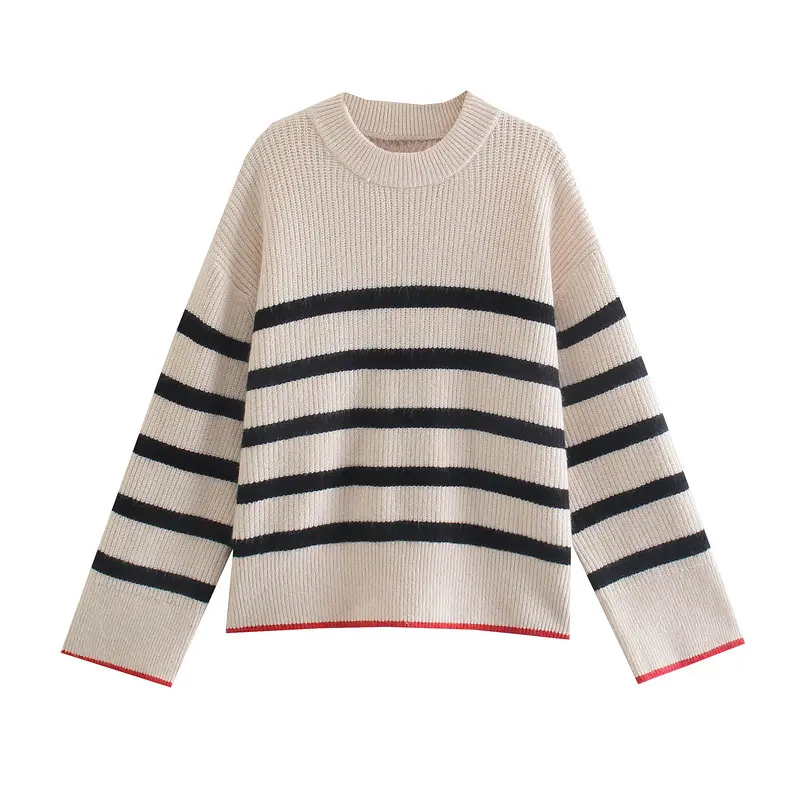 European And American Black Stripes Clothing Women's Long Sleeve Girls Wool Knitted Pullover Sweater