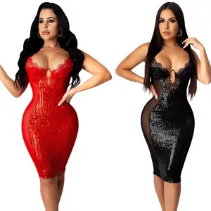 FS3390A yeni tasarım büyük boy dantel elbise kadınlar seksi sequins clubwear