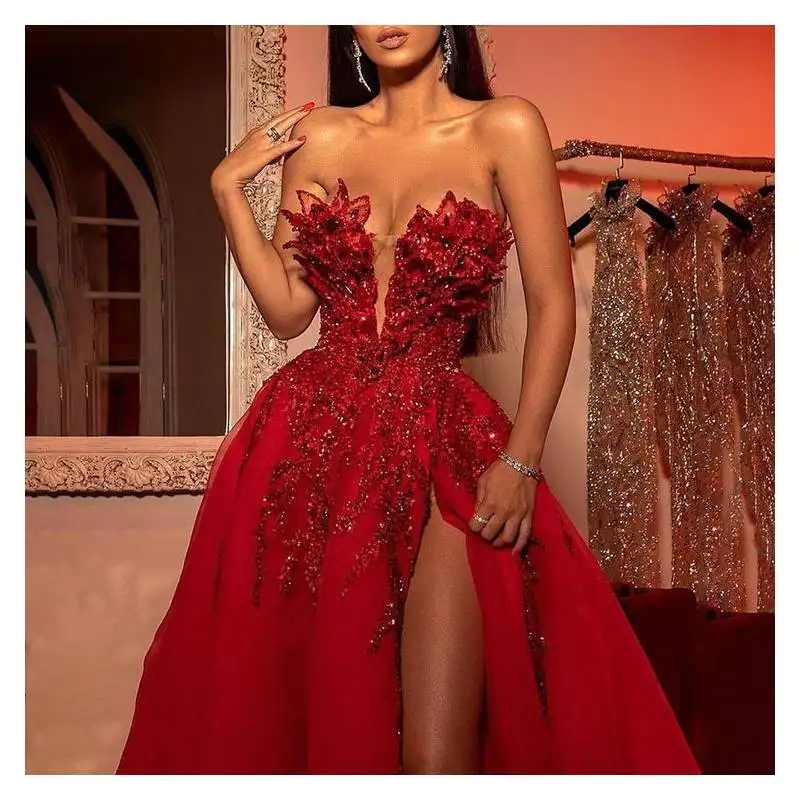 Custom Woman Birthday Red Sexy Dresses Sequins Split One Shouldered Veiled Formal Evening Dress For Women Clothes Abendkleid
