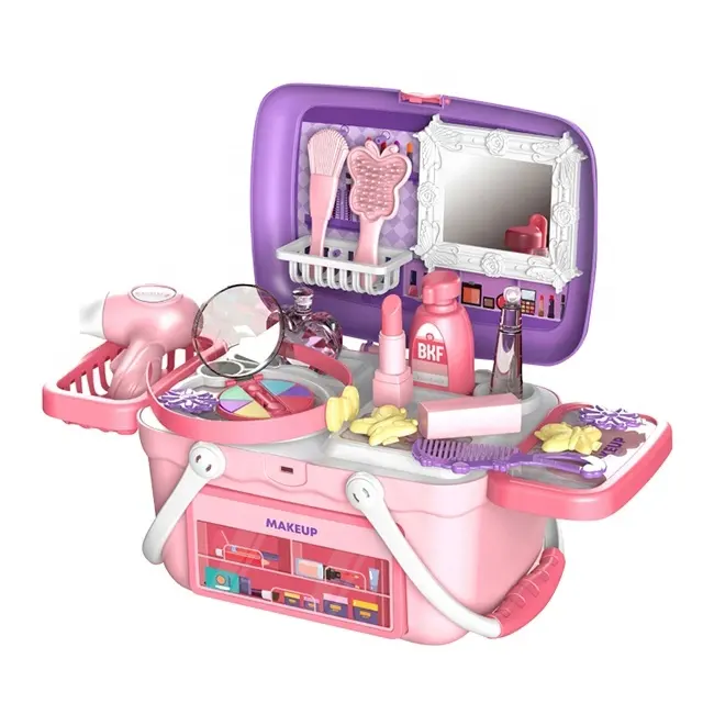 Pretend Play Makeup Toy Set Beauty Princess Dressing Table and Suitcase 2 in 1 Gift for Girls Kids Children Pink Style