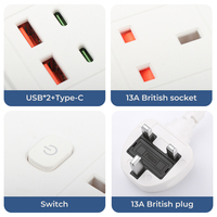Adaptateur de prise cubique britannique 3 broches, 1 vers 3 voies avec USB-C et 2 USB-A, 13A 250V, en cuivre pur, ignifuge