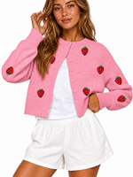 Damen Strickjacke mit Niedlichem Muster, Knopfleiste und Rundhalsausschnitt, Kurzer Pullover mit Geripptem Saum, Weiche Lässige Oberbekleidung, OEM/ODM