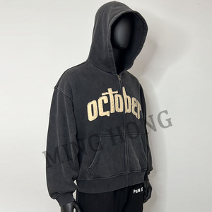 Logo de broderie autocollant personnalisé Street Wear Acid Washed Ribbed Poignets Zip Hoodie - Product Image 3