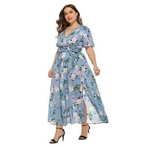 Abito Taglie Forti Bohémien <span class=keywords><strong>con</strong></span> Scollo a V e <span class=keywords><strong>Spacco</strong></span>, Manica Corta, <span class=keywords><strong>Vestito</strong></span> <span class=keywords><strong>Lungo</strong></span> Stampato da Spiaggia per Donna - Product Image 2