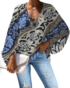 Atacado vintage tecido estampado havaiano-Blusa polinésia para mulheres, blusa tradicional de chiffon com estampa tribais, vintage, respirável, feminina, tops personalizados, blusa havaiana de chiffon