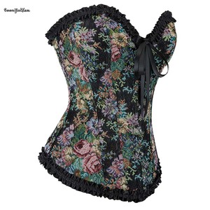 Plus Size Xs-xxl Vintage Renaissance Fair Corselet Woman's Black <strong>Rose</strong> Printed Denim Jean Fabric Ruffled Corset <strong>Top</strong> - Product Image 3