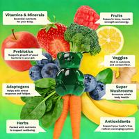 Gummies Multivitaminées Super Greens pour Adultes, Vitamines Gommeuses Superaliments pour Femmes et Hommes, Spiruline, Chlorelle, Adaptogènes, Fibres Prébiotiques